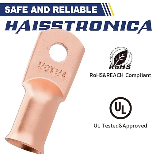 haisstronica 10pcs 1/0 AWG - 1/4"(M6) Battery Cable Lugs, Heavy Duty Copper Wire Lugs with 10pcs 3:1 Adhesive Heat Shrink Tubing, 0 Gauge Wire Connectors Battery Terminal Connector, Battery Cable Ends
