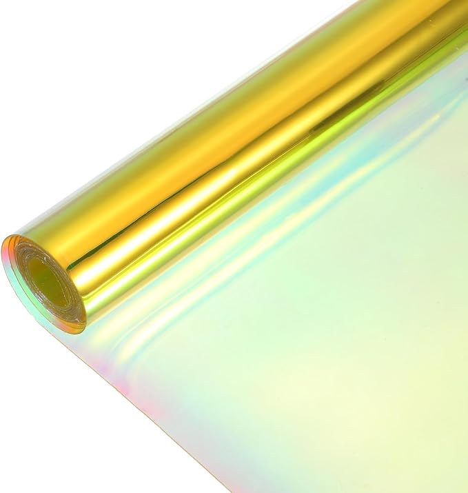 MECCANIXITY Holographic Clear PVC Vinyl Film Holographic PVC Fabric Waterproof Dichroic Film 12 x 48 Inch for Handbags Bows Earrings DIY Craft,Laser Yellow