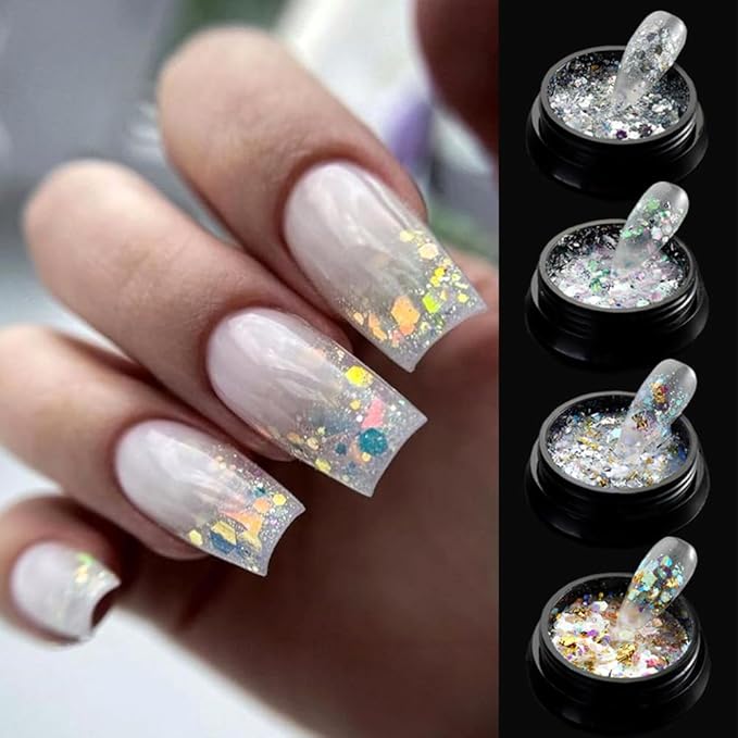 4 Boxes Chameleon Holographic Glitter Nail Art Sequins, Iridescent Mermaid Hexagon Flakes Sparkle Glitters Powder Dust Accessories for Women Manicure DIY Nail Art Decoration