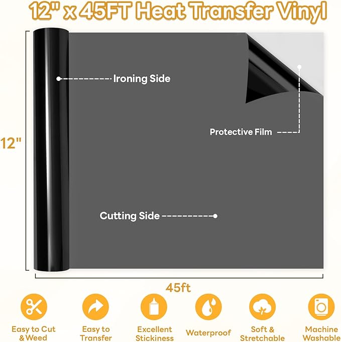 HTVRONT Black Heat Transfer Vinyl - 12" x 45FT Black HTV Vinyl Roll for T Shirts, Black Iron on Vinyl Compatible with Cricut Cutting Machine & Silhouette Cameo - Easy to Cut & Weed