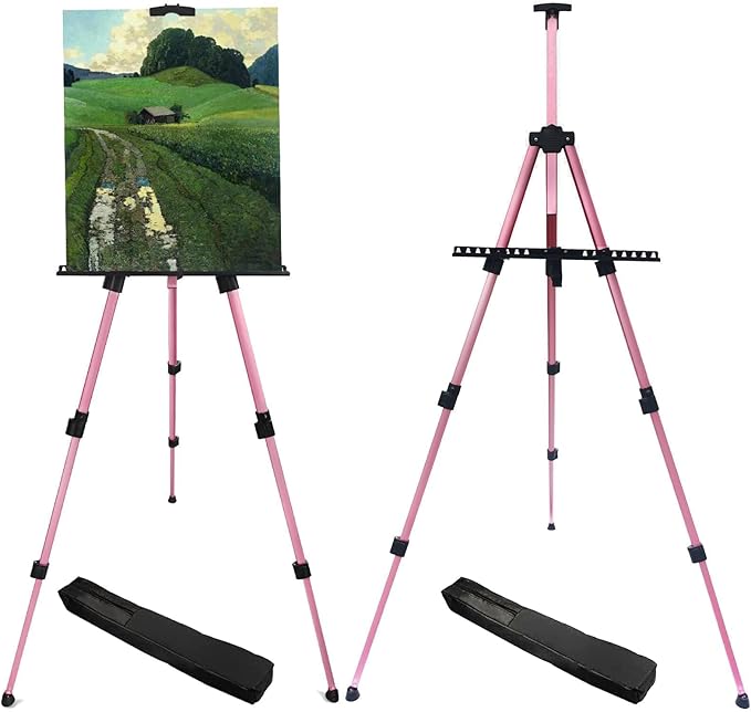 RRFTOK Artist Art Painting Easel Stand, Aluminum Metal Adjustable Easel for Painting Canvases Height from 17 to 66 Inch,Carry Bag for Table-Top/Floor Drawing,Painting and Displaying(2pack,Pink)