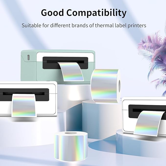 Square Thermal Labels Stickers 2" x 2", Holographic Silver Thermal Stickers Labels, Glitter Self-Adhesive Direct Thermal Label for Small Business