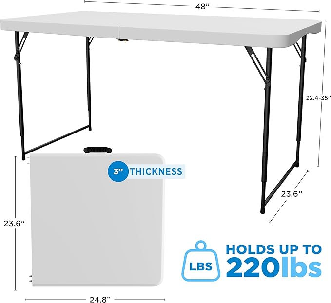 Sorfey Folding Table 4-Foot X 24 inch, Adjustable to 4 Heights, White Plastic