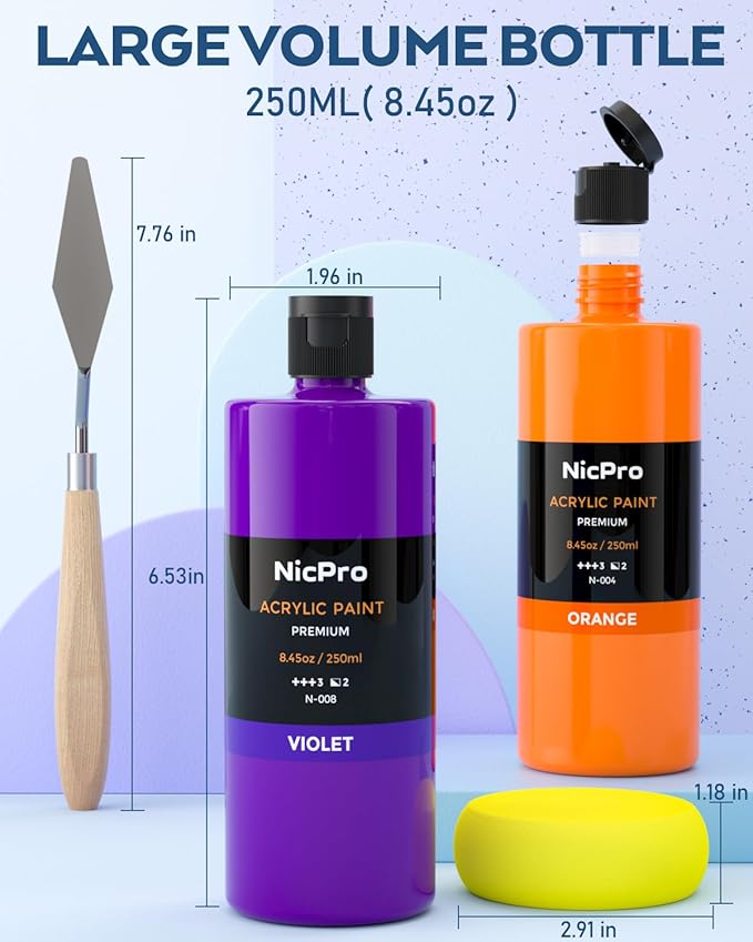 Nicpro 24 Colors Large Bulk Acrylic Paint Set (8.45 oz/250 ml), Rich Pigments Non Toxic, Bulk Painting Supplies for Artist Beginners on Canvas, Wood, Rock, Glass, Ceramic, Crafts with Color Wheel