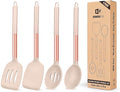 Pack of 4 Silicone Cooking Utensils Set, Non Stick Large Solid Spatulas, Heat Resistant Rose Gold Khaki Slotted Spoons, Ideal BPA Free Kitchen Turners for Frying, Mixing,Serving,Draining,Turning
