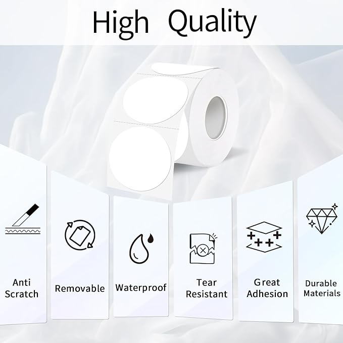 1.5 Inch White Round Thermal Sticker Labels, Self-Adhesive Circle Direct Thermal Labels, Waterproof/Removable- Perforation Line Design- 350 Pcs/ 1.5 Inch