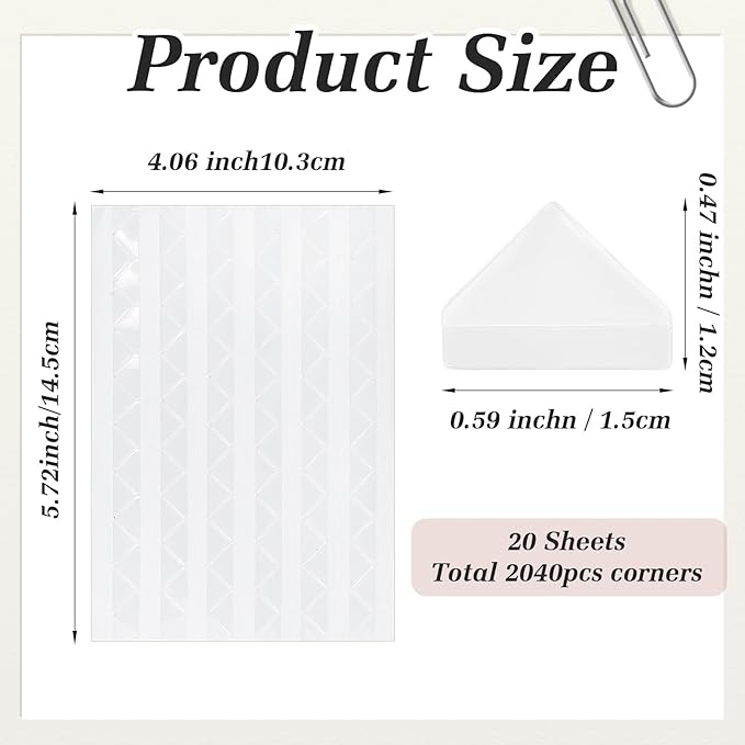Mabor 2040Pcs Photo Corners for Scrapbooking, Self Adhesive Scrapbook Photo Corner Stickers, Clear Picture Mounting Corners Stickers for DIY Album Journal Memory Books