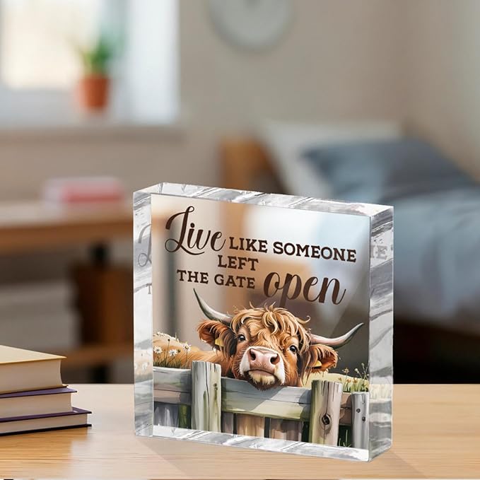 Cute Cow Decorative Signs, Rustic Western Animal Office Desk Decor Acrylic Sign 4x4 Inch, Desk Accessories Signs for Bathroom Cubicle Farmhouse Kitchen, Cow Gifts for Women Friend