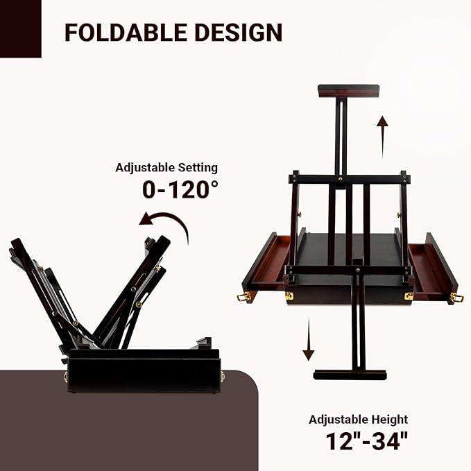 Large Walnut Sketchbox Table-Top Easel with Dual Dawers-Adjustable Solid Beech Wood Artist Desktop Easel with Storage Holds Canvas up to 34'' High-(Dark Walnut)
