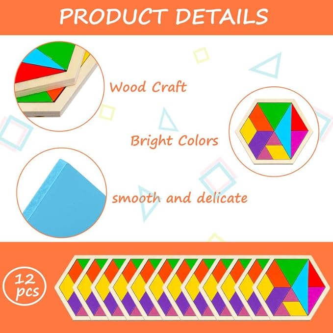 Meooeck 12 Pack Tangrams Wooden Puzzles Tangrams Classroom Set for Kids Shape Puzzles Brain Logic Blocks for Games Educational Gifts for Adults Kids Ages 4-8 8-12(Hexagon Style)