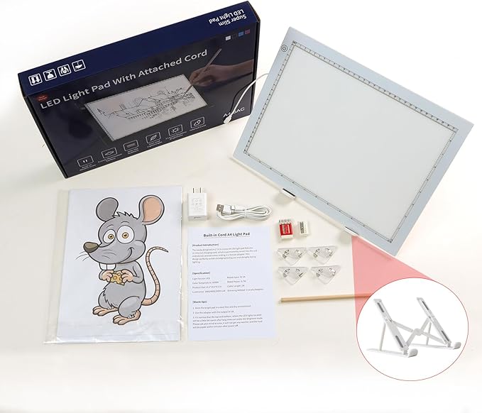 A4 Light Pad with Foldable Stand, UL Certified Adapter, 8000 Lux Super Bright Ultra Thin Pad for Cricut Weeding Vinyl, Artist Drawing Light Box/Board/Table for Tracing, Sketching - White