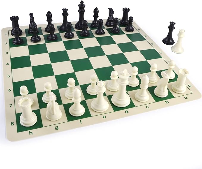 4" King Tournament Chess Set Foldable 20" Silicone Chess Board Mat with 2.2" Squares Green Color, Weighted Chess Pieces- 2 Extra Queens, Carrying Case for Storage and Travel
