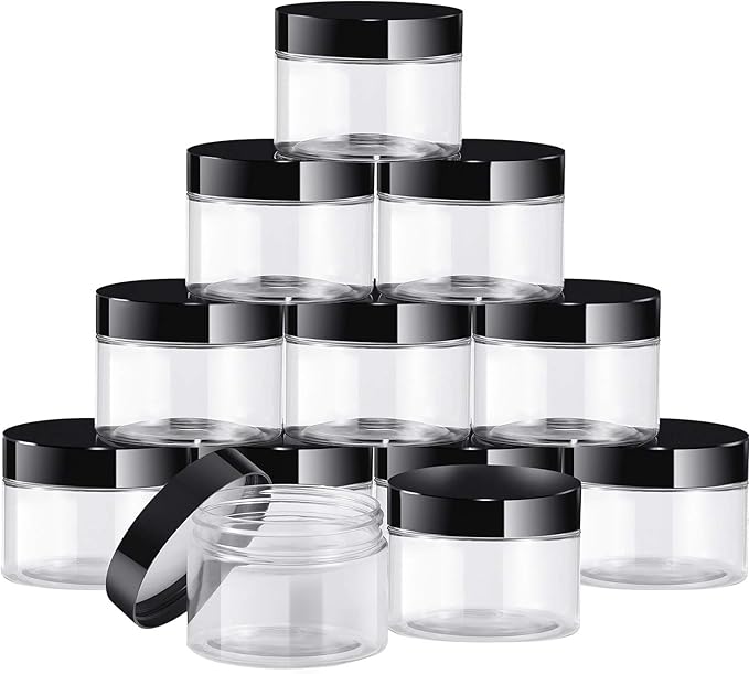 SATINIOR 12 Pack 6 oz Plastic Container Jars with Lids Round Clear Travel Cosmetic Container Slime Jars for Toiletries, Lotion, Cream, Ointments, Makeup, Rhinestone, Samples, Kitchen Storage(Black)