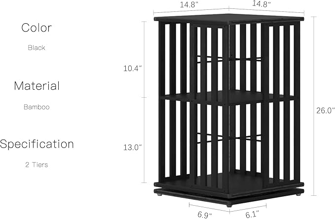 YOWOS Rotating Bookshelf Tower, 360 Display Spinning Bookcase, Bamboo Bookshelf Floor Standing Storage Rack, Wood Narrow Book Shelf Organizer for Kids&Adults (Black, 2 Tier)