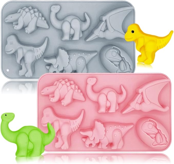 2 Pack Dinosaur Molds Silicone 6 Cavity 3D Dinosaur Themed Baking Mould Tray DIY Baking Tool for Kid's Cartoon Dino Chocolate Cake Topper Dessert Mousse Pastry Handmade Soap Crayons