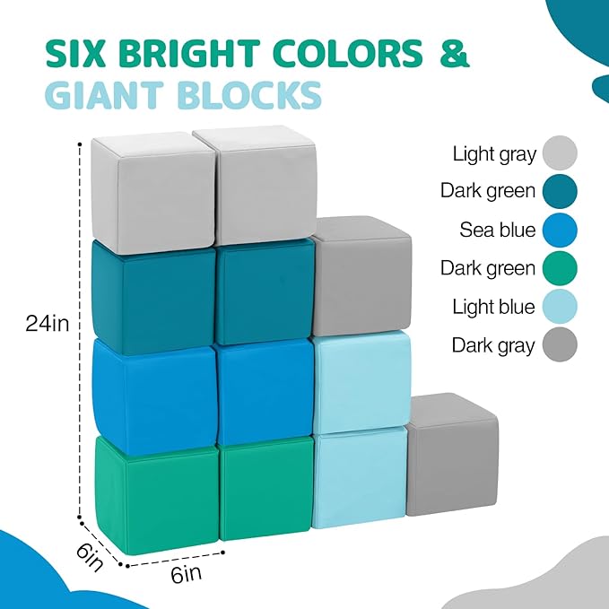 Foam Building Blocks for Kids: 12-Pieces PU Leather Colorful Foam Blocks - Building Toys for Toddler - Giant Stacking Blocks Toys - Soft Indoor Playset for Birthday Gift Preschool Learning (Modern)