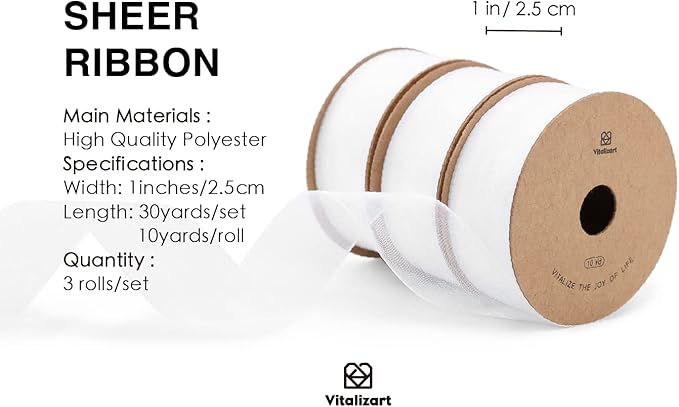 Vitalizart White Ribbon Organza Sheer Ribbon 1 inch x 30 Yd Handmade Fabric Ribbons for Gift Wrapping Christmas Tree Crafts Bows Wedding Invitations Wreaths Wrap Off White