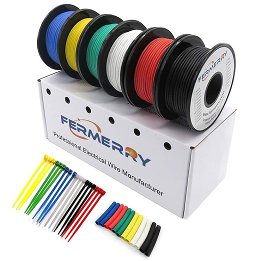Fermerry 22 AWG Stranded Wire Spool 25ft Each 6 Colors Flexible 22 Gauge Silicone Hook up Wire Kit Electrical Tinned Copper Wire