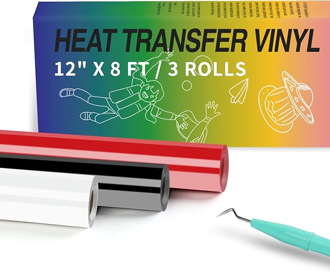 HTVRONT HTV Vinyl Rolls Black White and Red Heat Transfer Vinyl, 12" x 8 FT Black White and Red Iron on Vinyl for Shirt, Easy to Cut & Weed for Heat Vinyl Design