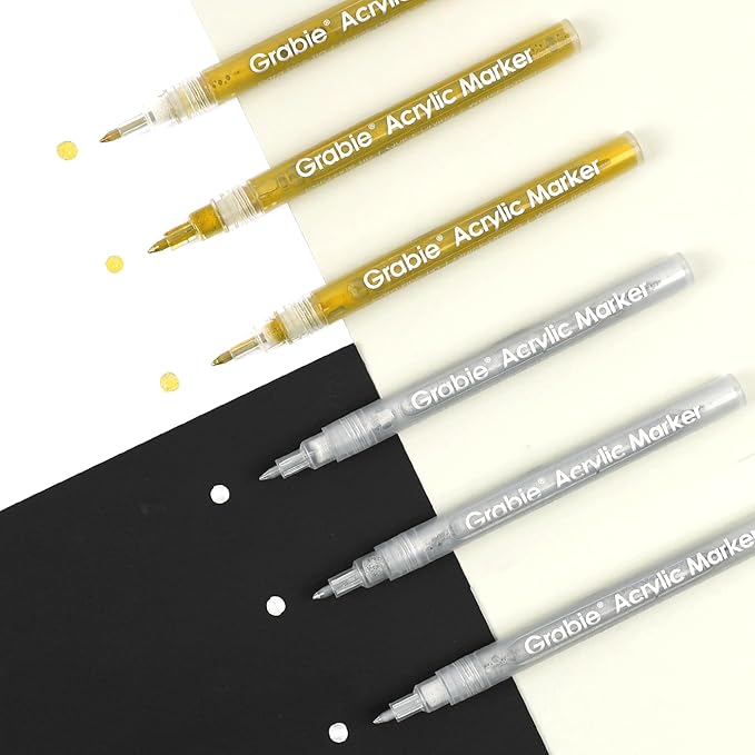Grabie Gold&Silver Extra Fine Tip Acrylic Paint Marker Set, 6 Pack Gold Paint Markers, 0.7mm Acrylic Paint Pens for Black Paper, Halloween Pumpkin, Christmas DIY, Silver Pen(Gold&Silver)