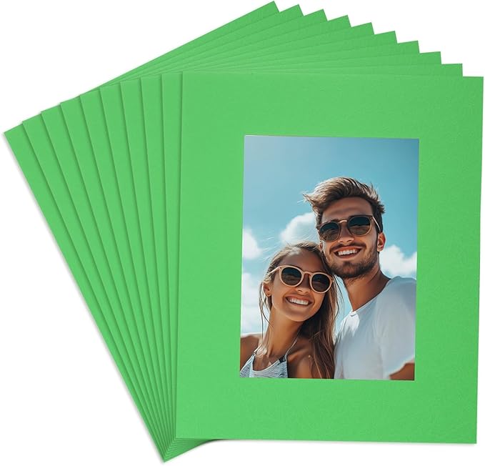 uxcell 10Pcs Picture Mats, 8 x 10 Mat Board Center for 5 x 7 Pictures Acid Free White Core Bevel Cut Frame Mattes for Display Art Measuring, Green