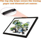 Rechargeable A4 LED Light Pad with Padded Case, Tracing Light Box w/Riser Stands and Paper Clip, 6 Levels of Brightness, Type-c Cable, Wireless Diamond Painting Light Board