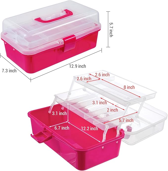 MyGift 13-Inch Dark Pink Plastic Craft Organizer and Storage Box – Clear Carrying Case with Latching Lid & 2 Expandable Trays for Sewing, Tools, First Aid, and Art Supplies