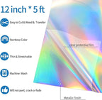 VINYL FROG Metallic Foil HTV Vinyl Roll 12" x5ft Holographic Silver Heat Transfer Vinyl Chrome Iron on Vinyl Easy to Cut & Weed DIY Heat Press Design for T-Shirts
