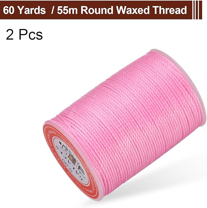 uxcell Round Leather Sewing Waxed Thread, 55m / 60 Yards Polyester Wax String, 0.80mm Wax Stitching Cord for Leather Crafts, Bookbinding, Bracelets Braided, Pink, 2pcs