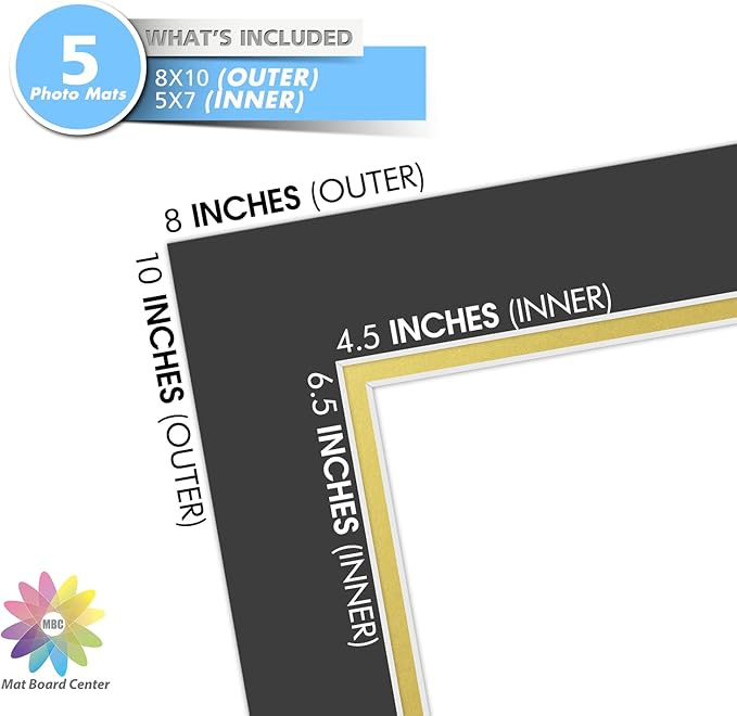 Mat Board Center, Double Mat - Acid Free, 8-ply Thickness, White Core - for Pictures, Photos, Framing (Black Over Gold, 8x10 for 5x7, Pack of 5)