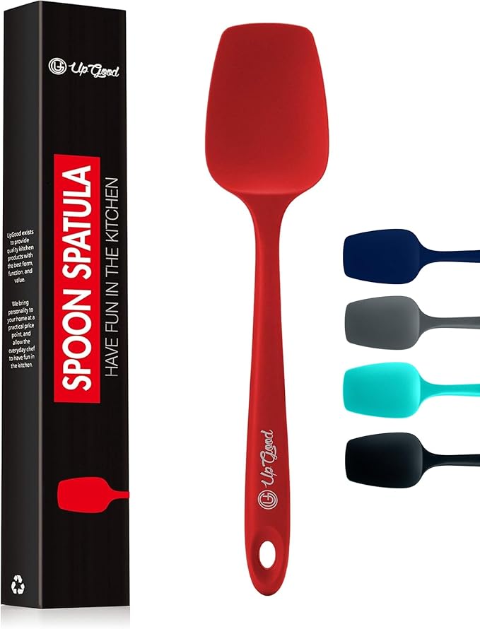 Silicone Spoon Spatula - 600ºF Heat-Resistant Non-Stick Rubber Spoonula | Use as Silicone Kitchen Scraper Utensil - Baking and Cooking Strong Stainless Steel Core | UpGood Kitchen Utensils, (Red)