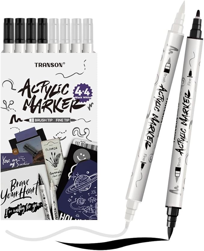 TRANSON 4 Black and 4 White Paint Markers Brush and Fine Dual-tip Acrylic Paint Marker Set for Rock Painting Glass Canvas Wood Leather Ceramic Painting