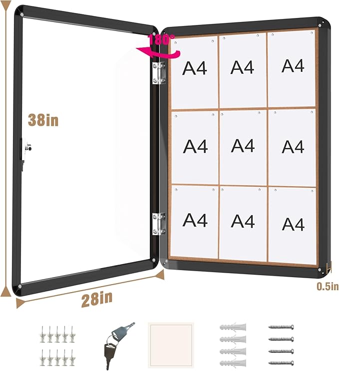 38"x28" Enclosed Bulletin Board, Lockable Weather-Resistant Aluminum Cork Noticeboard for School & Office, Black Frame w/Cork