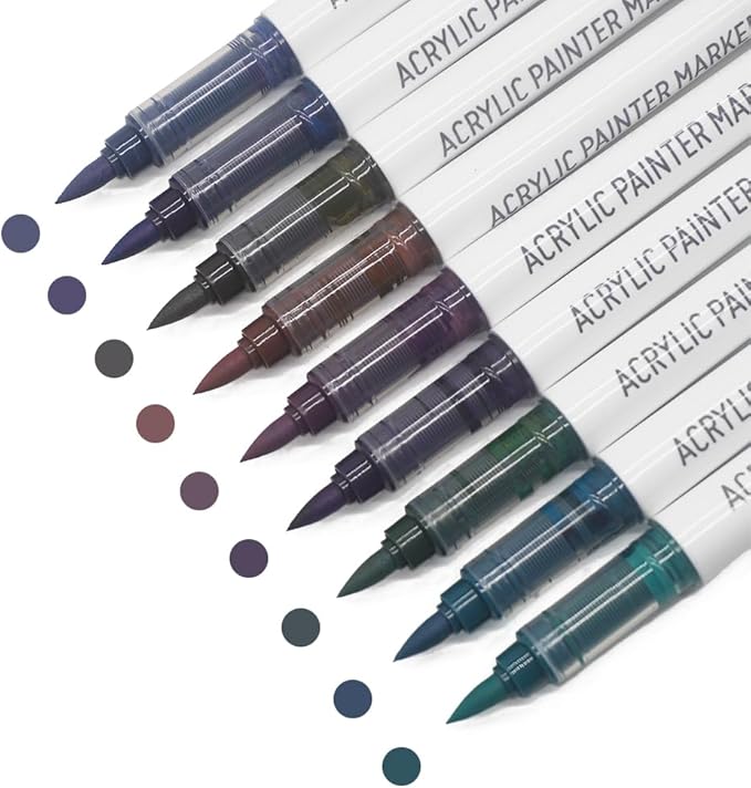Water Based Acrylic Paint Markers, 9 Colors Acrylic Paint Pens Set with Soft Brush Tip, Marker Pen for Rock Painting, Egg, Wood, Glass, Paper, Acrylic Painter Ink (Colorful Black Series)