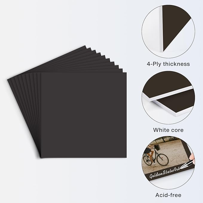 Golden State Art, 8x8 Uncut Photo Mat Matboard - Black Uncut Mats for DIY Projects, Presentation Boards, Art Crafts, Prints (50 Pack)
