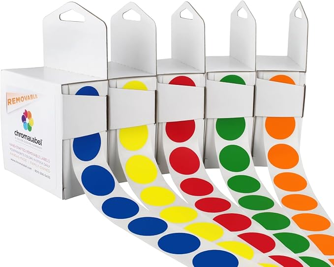ChromaLabel Removable Color Code Dot Label Kit, 5 Assorted Standard Colors, 1000 Stickers per Dispenser Box, 1 inch
