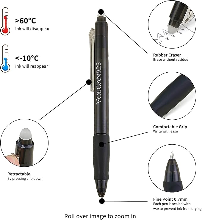Volcanics Retractable Erasable Gel Pens Black 12 Pack, Click Erasable Gel Ink Pens for Smooth Writing & Easy Erasing, Refillable Erasable Click Pens for School Office Supplies