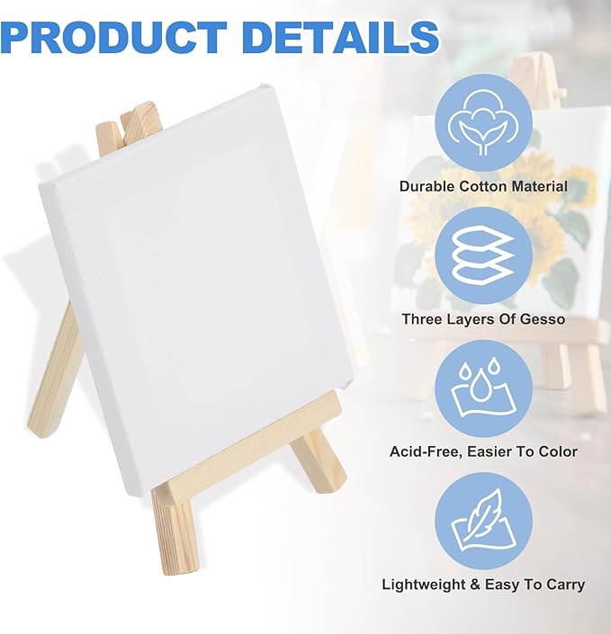 MECCANIXITY Canvas Boards for Painting with 5.9" Mini Easel Kit, 4x4 Cotton Blank Primed Art Canvas Panels Acid-Free for Painting Supplies Oil Acrylic Tempera Paint(White, Set of 6)