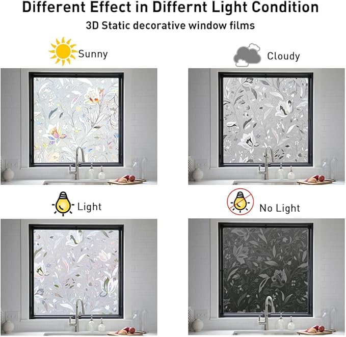NINETREX Window Privacy Film,3D Stained Glass Window Film,Decorative Window Covering Sun Blocking Vinyl Static Cling Anti-UV Heat Control for Home Decor,Tulip 23.6 x 78.7inch