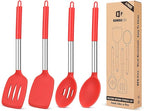 Pack of 4 Silicone Cooking Utensils Set, Non Stick Large Solid Spatulas, Heat Resistant Slotted Spoons, Ideal BPA Free Kitchen Turners for Frying, Mixing,Serving,Draining,Turning,Stirring (RED)
