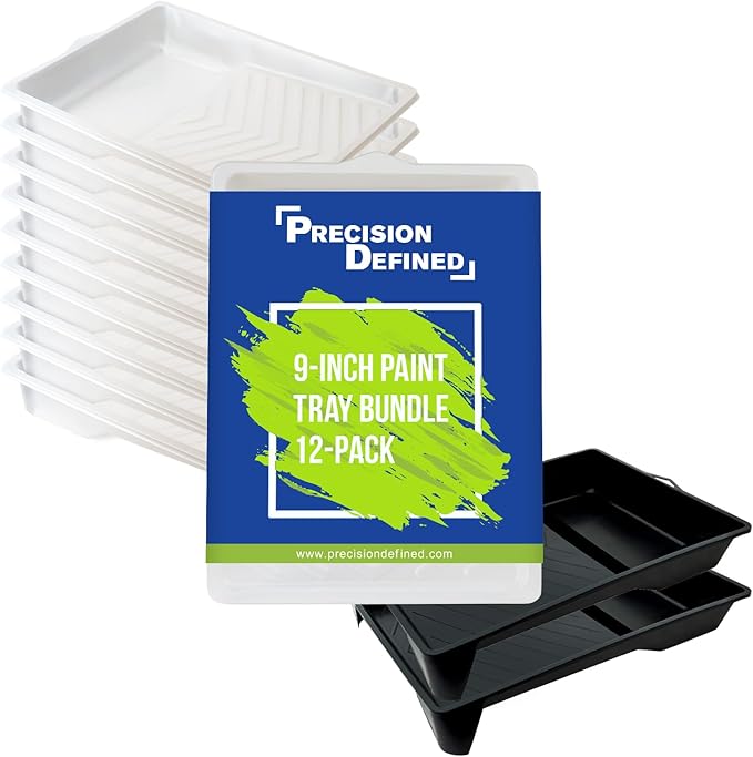 Precision Defined Paint Trays, Paint Roller Trays Liner, Plastic Paint Pan for Roller Brushes, Painting Tray for Painting with Deep Paint Pocket (Paint Tray & Liner (12-Pack), 9-inch)