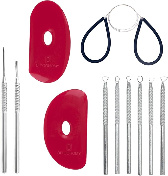 DIYOOHOMY Pottery Carving Tools, Clay Sculpting Tools with Pottery Ribs Needle Wire Cutter for Polymer Sculpting, Modeling, Shaping, Trimming, Cutting, Air Dry Clay, Ceramic DIY Crafts Supplies (11)