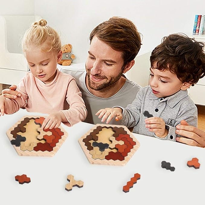 Skrtuan Wooden Hexagon Puzzle for Kids & Adults, Montessori STEM Educational Toy with Colorful Shapes, Logic IQ Brain Teaser Game for Kids, Geometry Tangram Gift