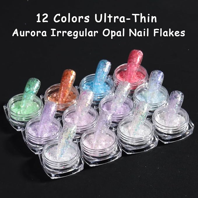 Holographic Nail Art Glitter Iridescent Flakes, 12 Colors Aurora Irregular Opal Nail Foil Flakes Ultra-Thin Nail Glitters Sequins Manicure Decorations for DIY Gel Polish Nail Art, Resin Craft, Gifts