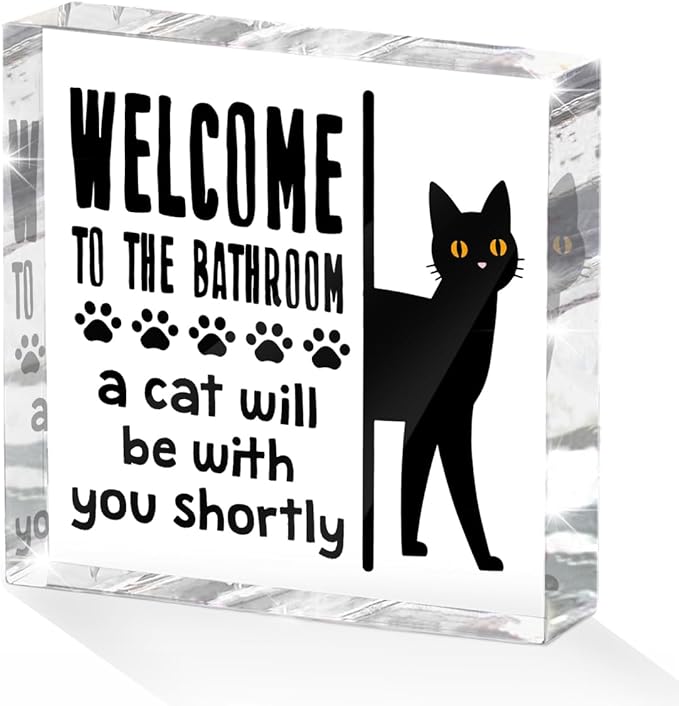 Funny Cat Bathroom Decor Acrylic Decorative Signs 4x4 Inch, Humorous Decorations for Bathroom Home Shelf Toilet, Gag Cat Lover Gifts for Women Men Friends