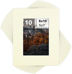 Mat Board Center, Pack of 10, 8x10 for 5x7 Ivory Color Mats - Bevel Cut, Acid Free, 4-ply Thickness, White Core - for Pictures, Photos, Framing