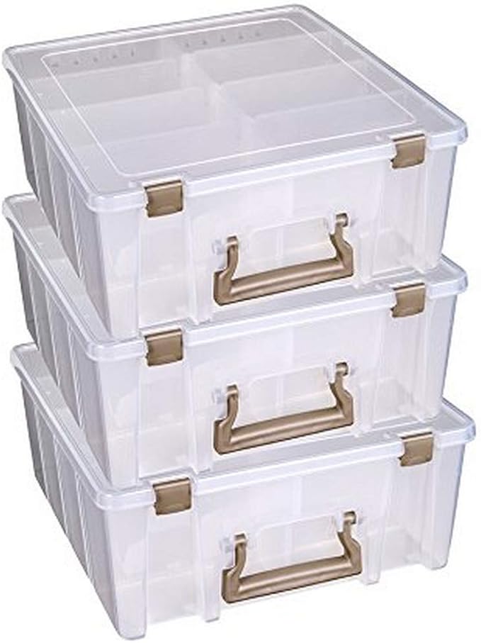 ArtBin 6990ZZ Super Satchel Double Deep 3-Pack, Portable Art & Craft Organizers with Handles, [3] Plastic Storage Cases, Clear & Gold