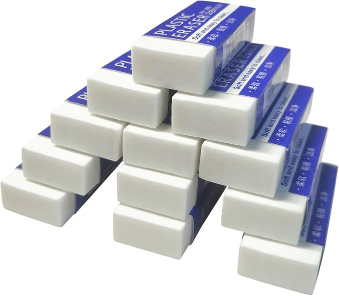 Dreamm White Rectangular Rubber Pencil Erasers 12 Pack for Kids, Students, Office