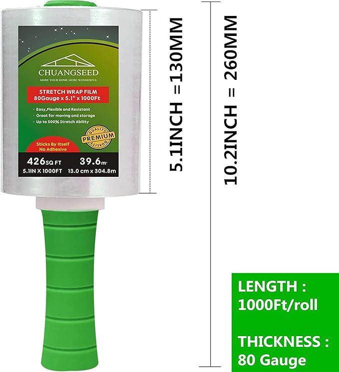 2-Pack Industrial Mini Clear Stretch Wrap Film 80 Gauge 5.1" 1000ft for Pallet Wrap with Plastic Handle,Durable Self-Adhering Packing,Moving,Packaging,Heavy Duty Shrink Film Chuangseed