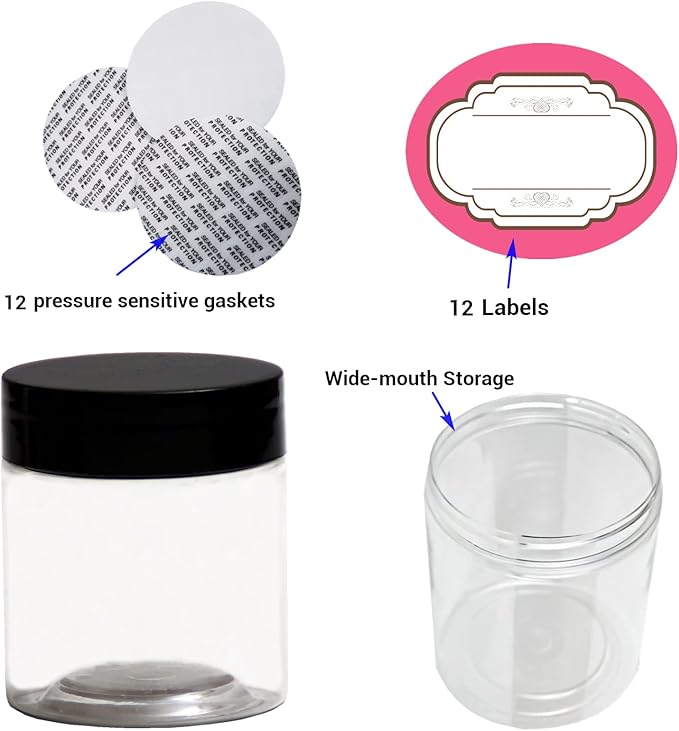 8 oz Plastic Containers with Lids and 4oz Small Containers (Set of 12) Plastic Jars with Lids Cosmetic Jar for Body Butter, Bath Salt, Slime and Beauty Product
